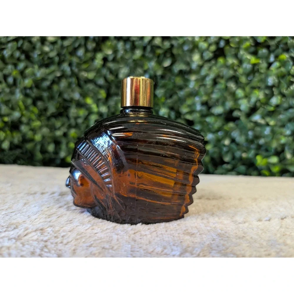 Vintage Avon Spicy After Shave Indian Head Amber Glass Decanter 4oz Empty Bottle